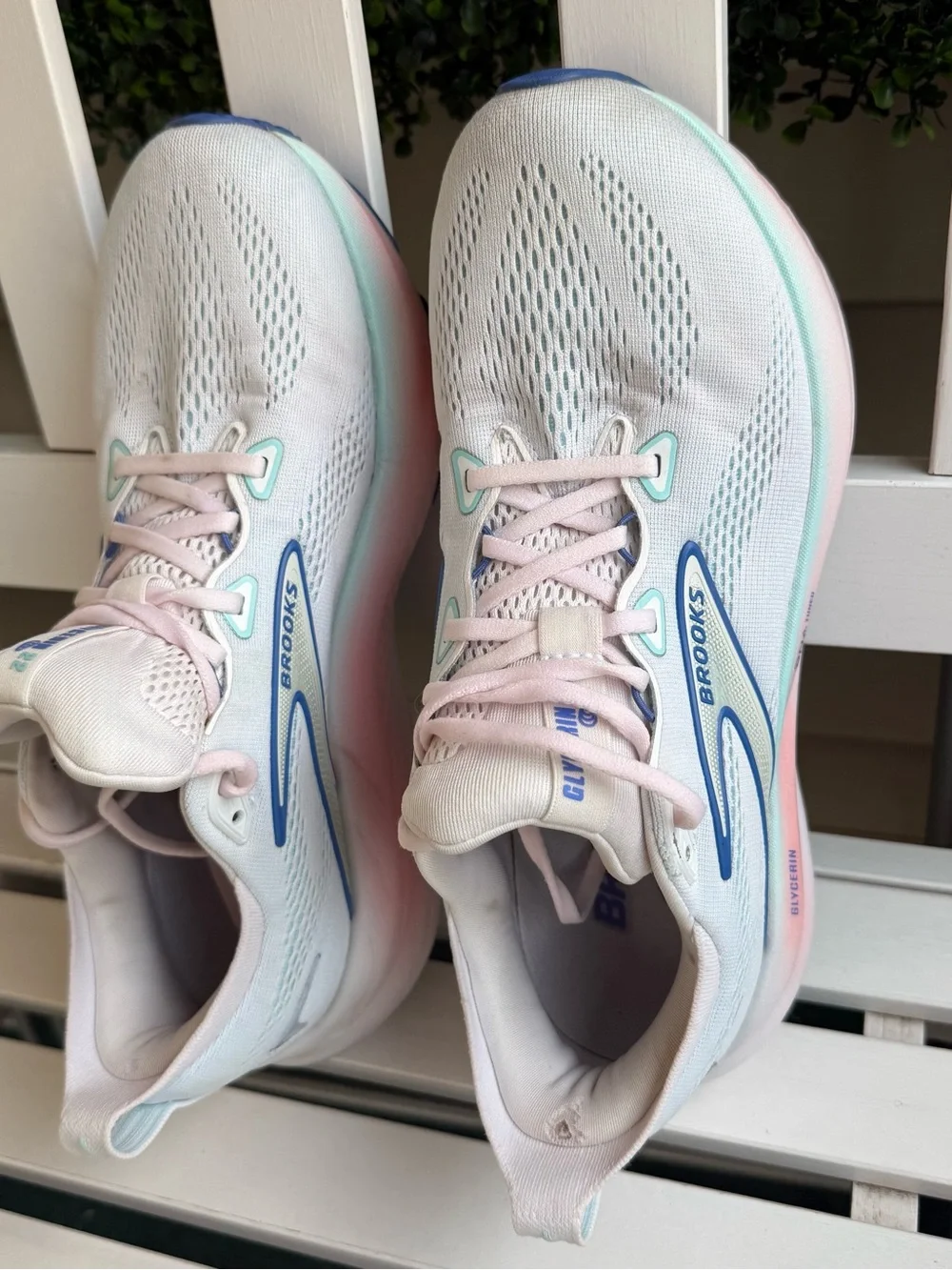 Brooks Women’s Glycerin Running Shoes — White with Pink & Blue Accents